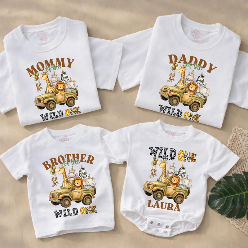Customized Wild One Safari Family Shirts and Baby Romper, Zoo 1st Birthday Outfit with Cartoon Animals, Soft Cotton Party Clothes Gift