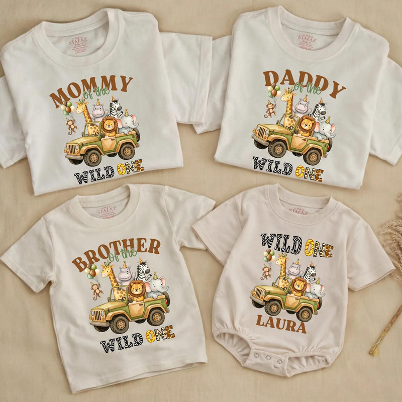 Customized Wild One Safari Family Shirts and Baby Romper, Zoo 1st Birthday Outfit with Cartoon Animals, Soft Cotton Party Clothes Gift