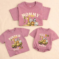 Customized Wild One Safari Family Shirts and Baby Romper, Zoo 1st Birthday Outfit with Cartoon Animals, Soft Cotton Party Clothes Gift