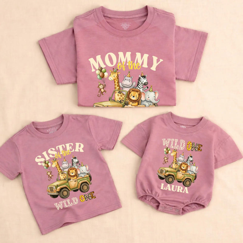 Customized Wild One Safari Family Shirts and Baby Romper, Zoo 1st Birthday Outfit with Cartoon Animals, Soft Cotton Party Clothes Gift