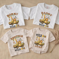 Customized Wild One Safari Family Shirts and Baby Romper, Zoo 1st Birthday Outfit with Cartoon Animals, Soft Cotton Party Clothes Gift