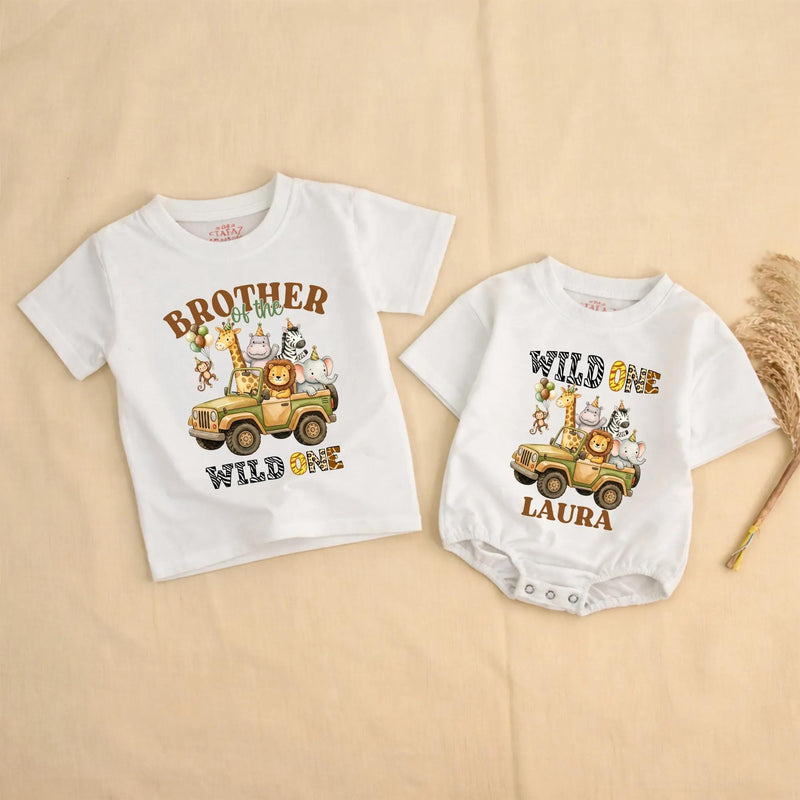 Customized Wild One Safari Family Shirts and Baby Romper, Zoo 1st Birthday Outfit with Cartoon Animals, Soft Cotton Party Clothes Gift
