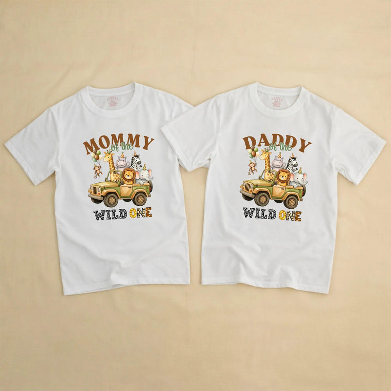 Customized Wild One Safari Family Shirts and Baby Romper, Zoo 1st Birthday Outfit with Cartoon Animals, Soft Cotton Party Clothes Gift