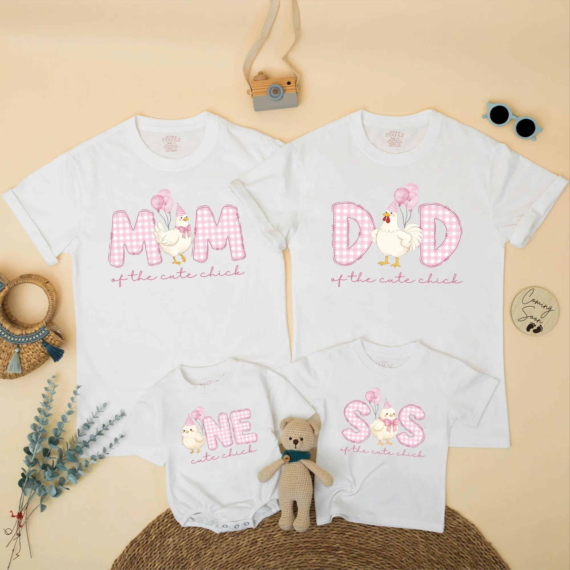 Cute Chick 1st Birthday Family Shirts with Pink Gingham Letters and Chick Design, Custom Farm Party Outfit for Mom Dad Sis Baby One Year Old