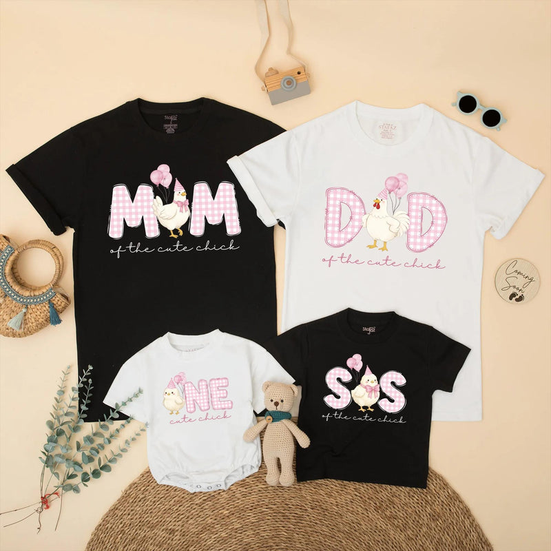 Cute Chick 1st Birthday Family Shirts with Pink Gingham Letters and Chick Design, Custom Farm Party Outfit for Mom Dad Sis Baby One Year Old