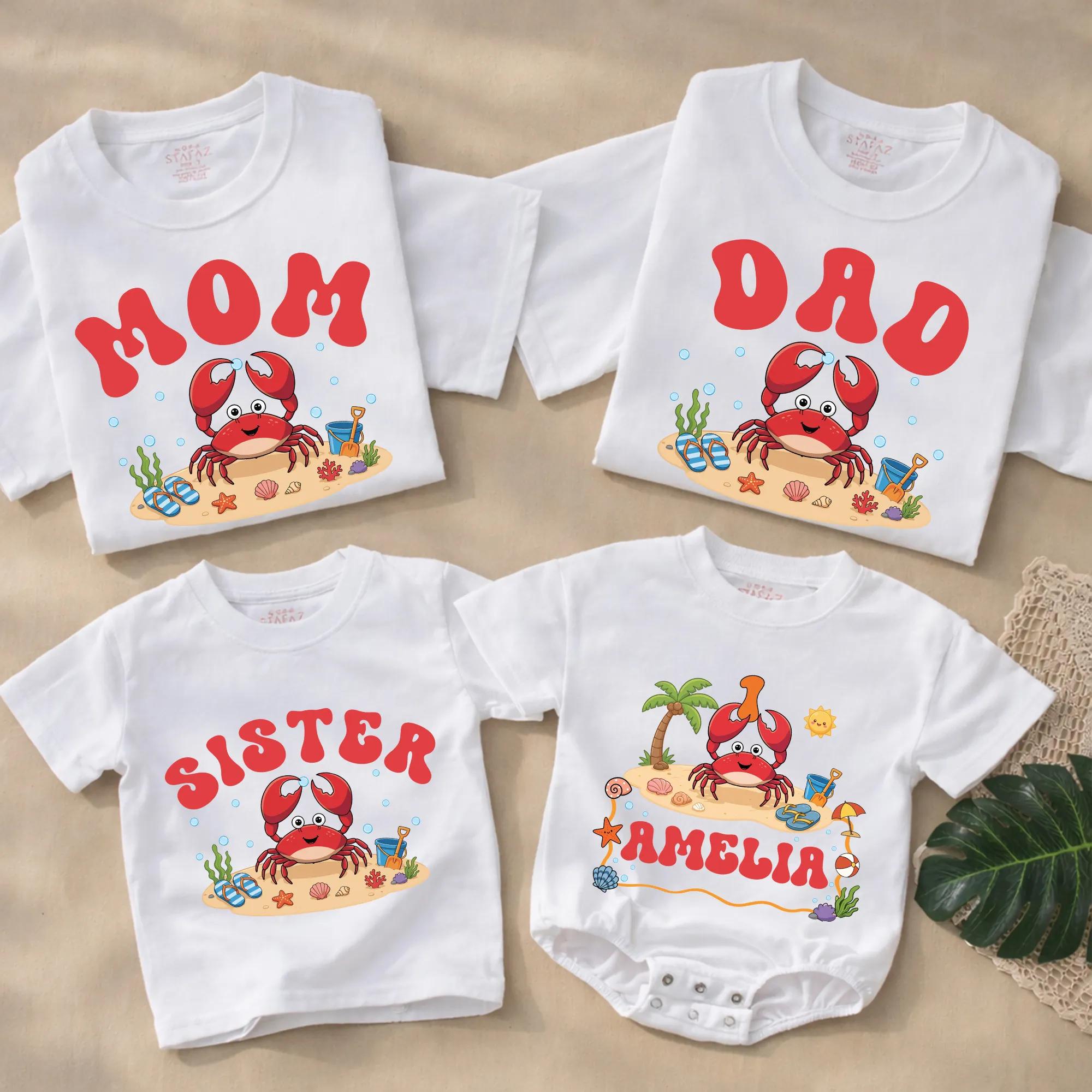 Cute Crab Family Matching Shirts and Baby Romper with Custom Name, Beach-Themed 1st Birthday Outfit for Kids and Parents