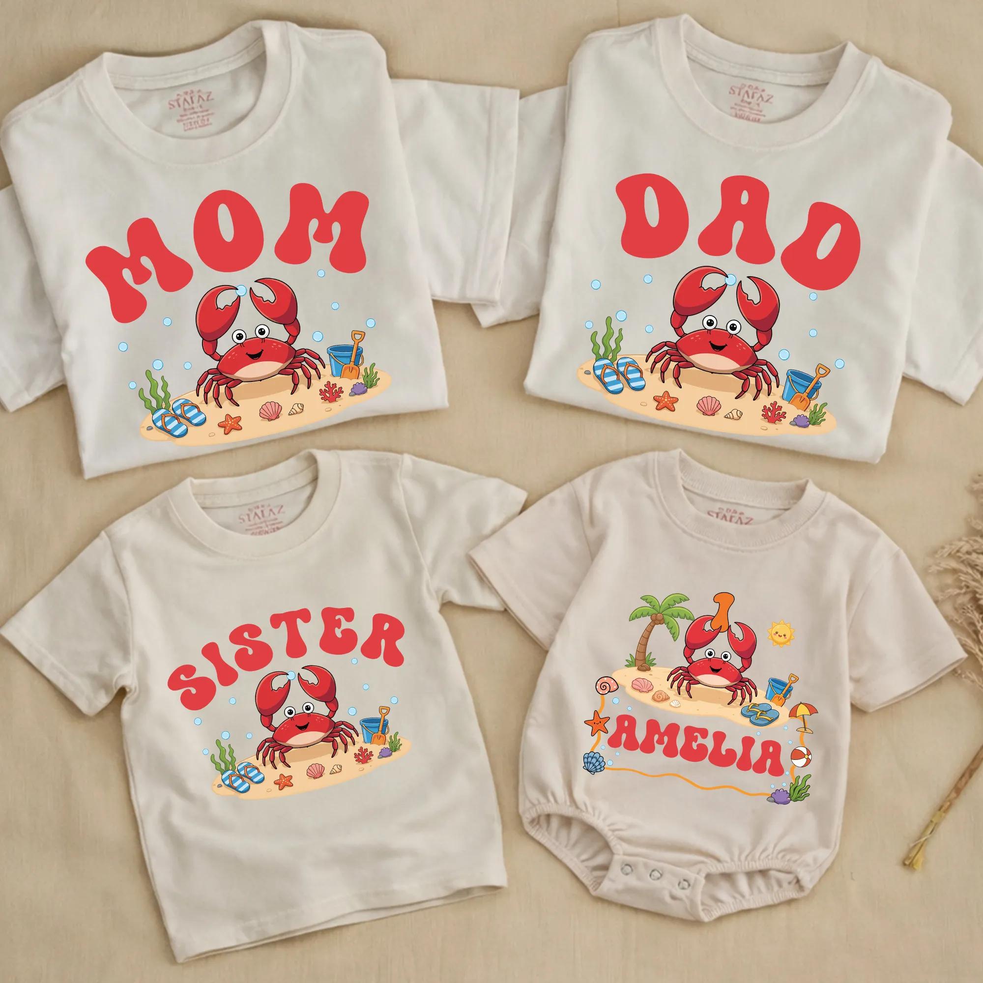 Cute Crab Family Matching Shirts and Baby Romper with Custom Name, Beach-Themed 1st Birthday Outfit for Kids and Parents