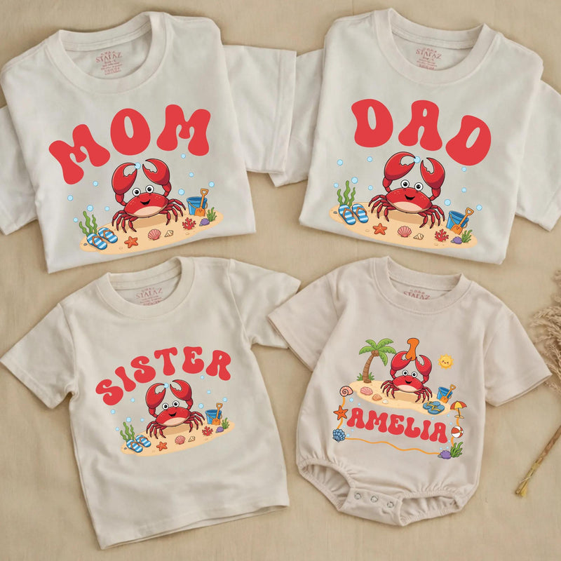 Cute Crab Family Matching Shirts and Baby Romper with Custom Name, Beach-Themed 1st Birthday Outfit for Kids and Parents