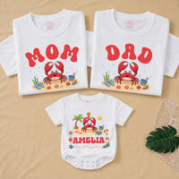 Cute Crab Family Matching Shirts and Baby Romper with Custom Name, Beach-Themed 1st Birthday Outfit for Kids and Parents