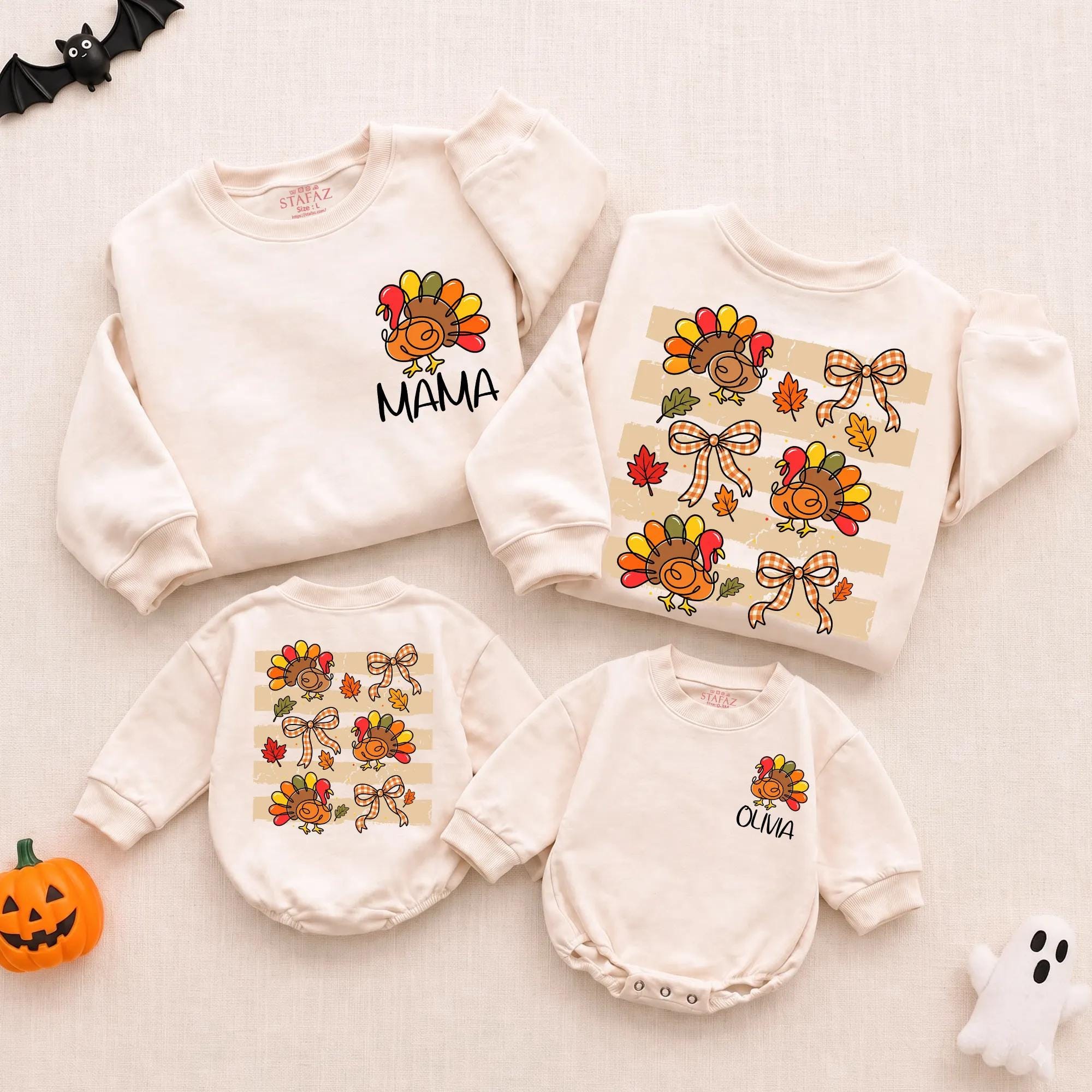 Cute Turkey and Bow Thanksgiving Mommy and Me Matching Sweatshirt and Baby Romper, Custom Name Family Holiday Outfit