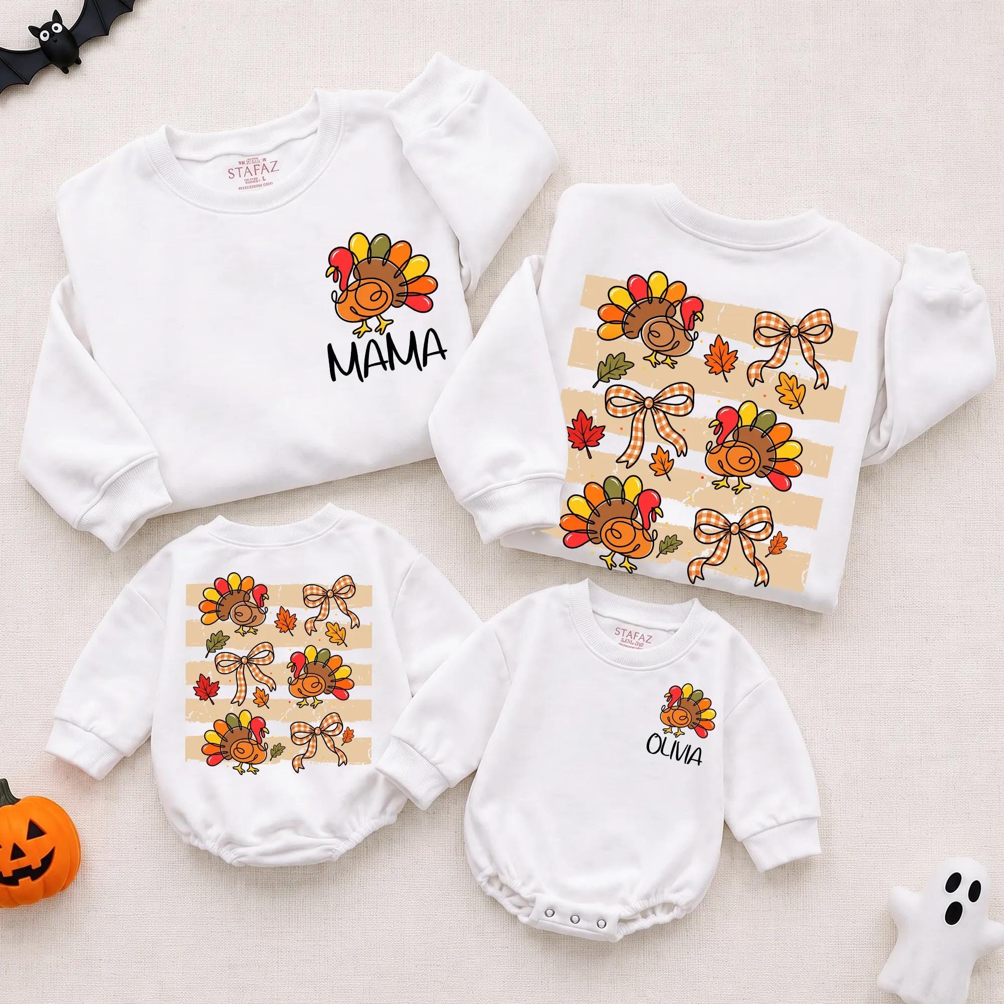 Cute Turkey and Bow Thanksgiving Mommy and Me Matching Sweatshirt and Baby Romper, Custom Name Family Holiday Outfit