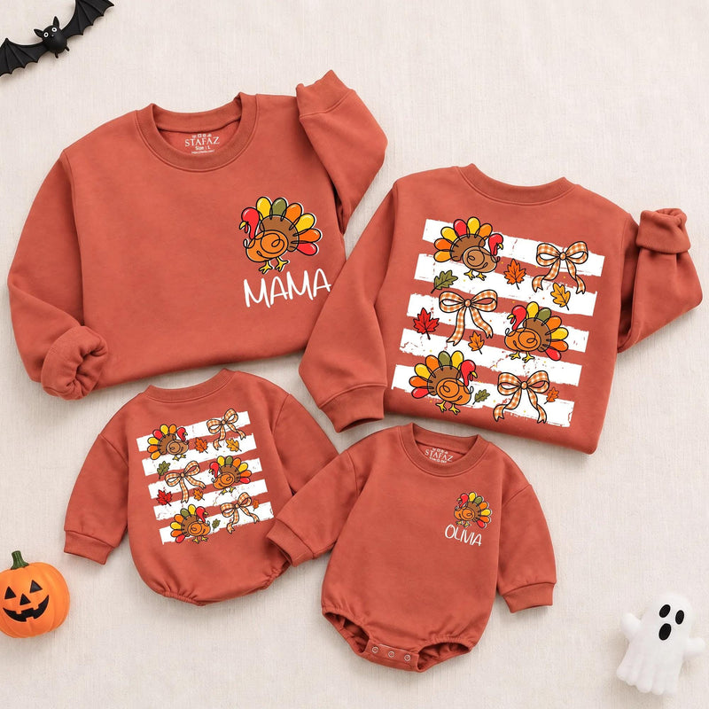 Cute Turkey and Bow Thanksgiving Mommy and Me Matching Sweatshirt and Baby Romper, Custom Name Family Holiday Outfit