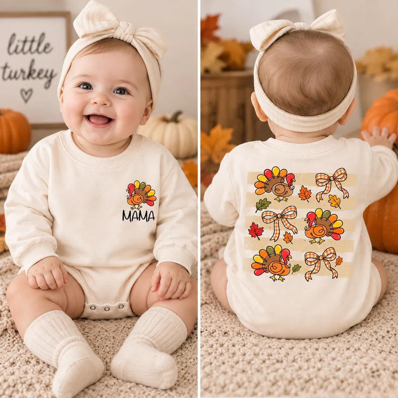 Cute Turkey and Bow Thanksgiving Mommy and Me Matching Sweatshirt and Baby Romper, Custom Name Family Holiday Outfit