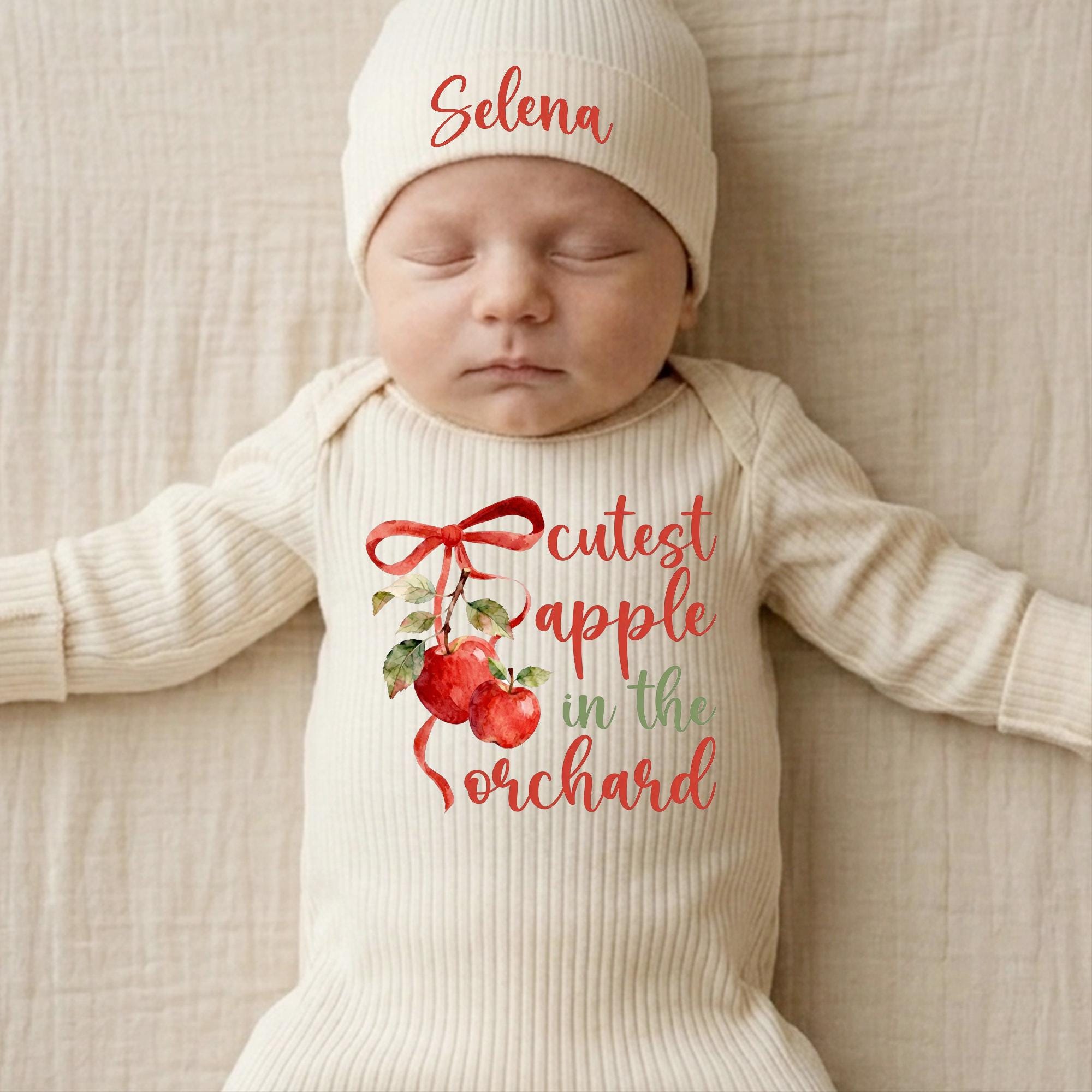Cutest Apple in the Orchard Baby Bodysuit and Custom Name Hat Set, Fall Newborn Outfit for Autumn Photos or Baby Shower Gift