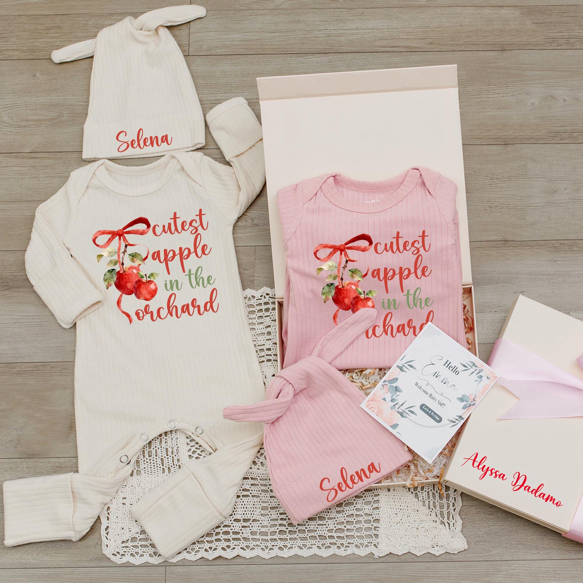 Cutest Apple in the Orchard Baby Bodysuit and Custom Name Hat Set, Fall Newborn Outfit for Autumn Photos or Baby Shower Gift