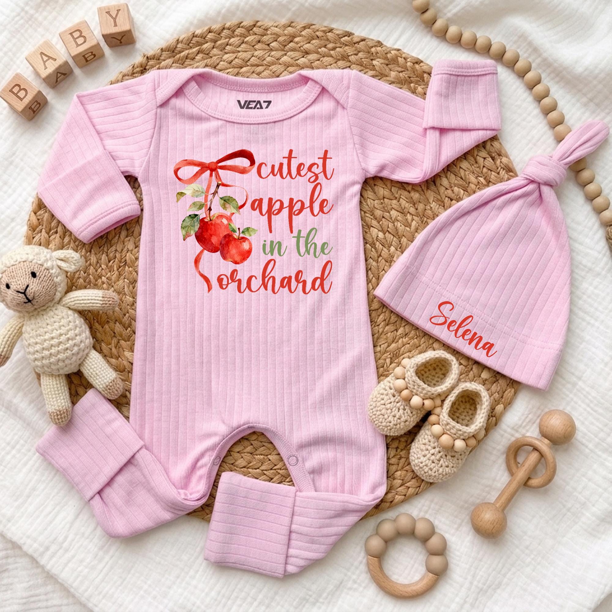 Cutest Apple in the Orchard Baby Bodysuit and Hat Set, Pink Fall Newborn Outfit with Custom Name, Autumn Baby Shower Gift