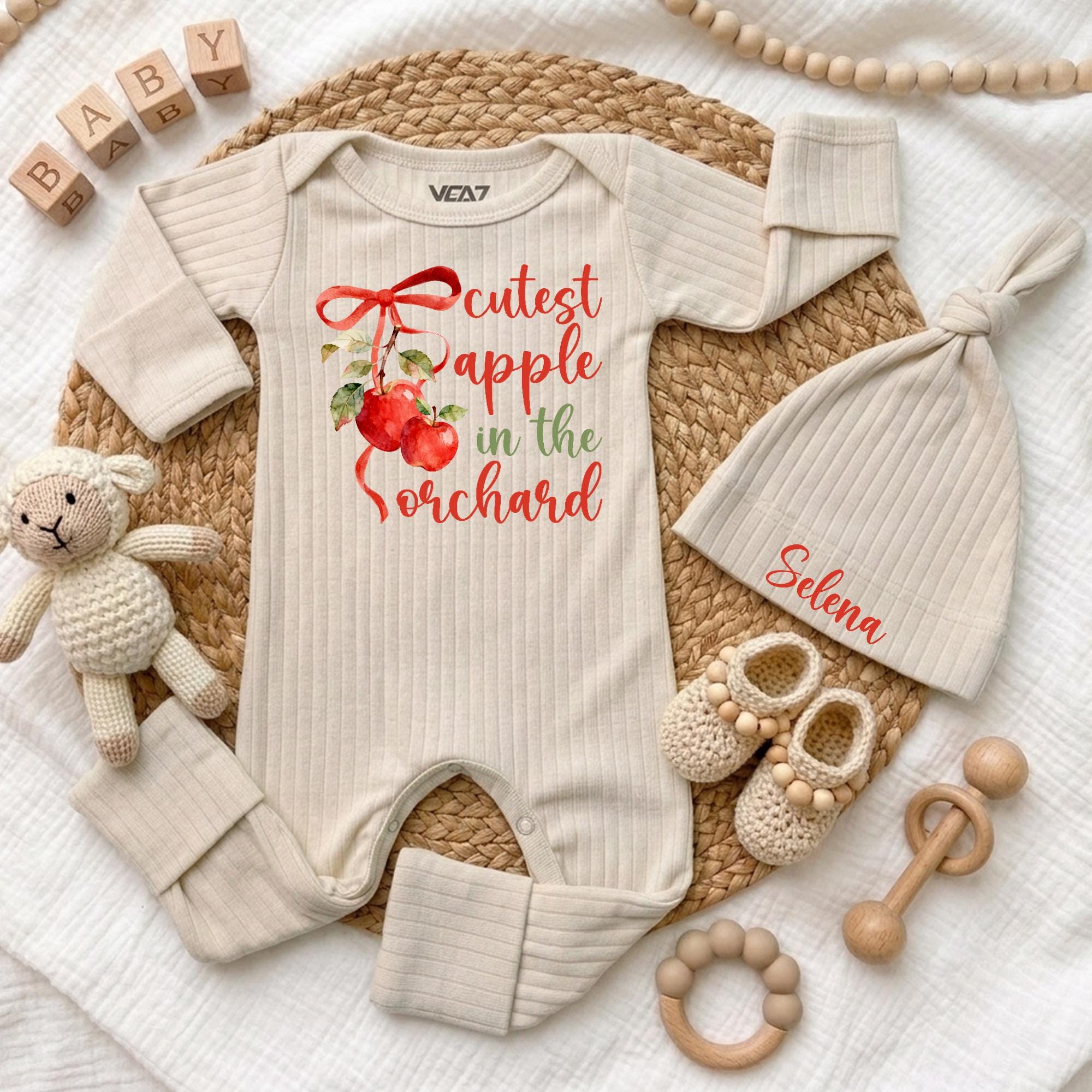 Cutest Apple in the Orchard Baby Bodysuit and Hat Set, Pink Fall Newborn Outfit with Custom Name, Autumn Baby Shower Gift