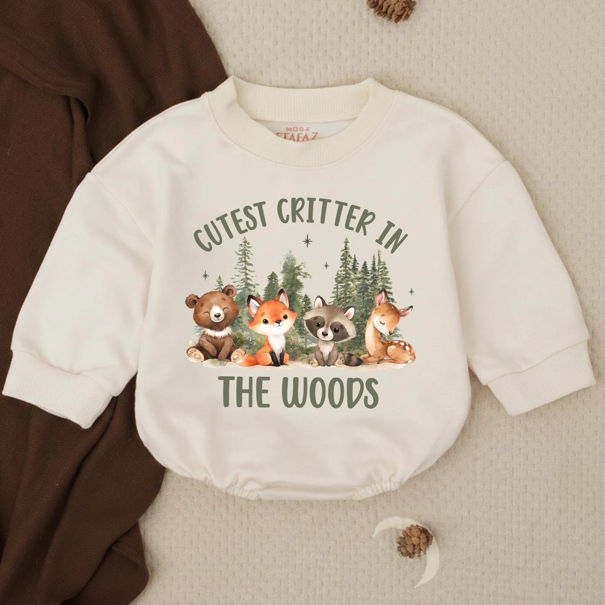 Cutest Critter in the Woods Baby Bubble Romper with Forest Animal Artwork, Soft Cotton Outfit for Milestone Photos and Baby Shower Gift