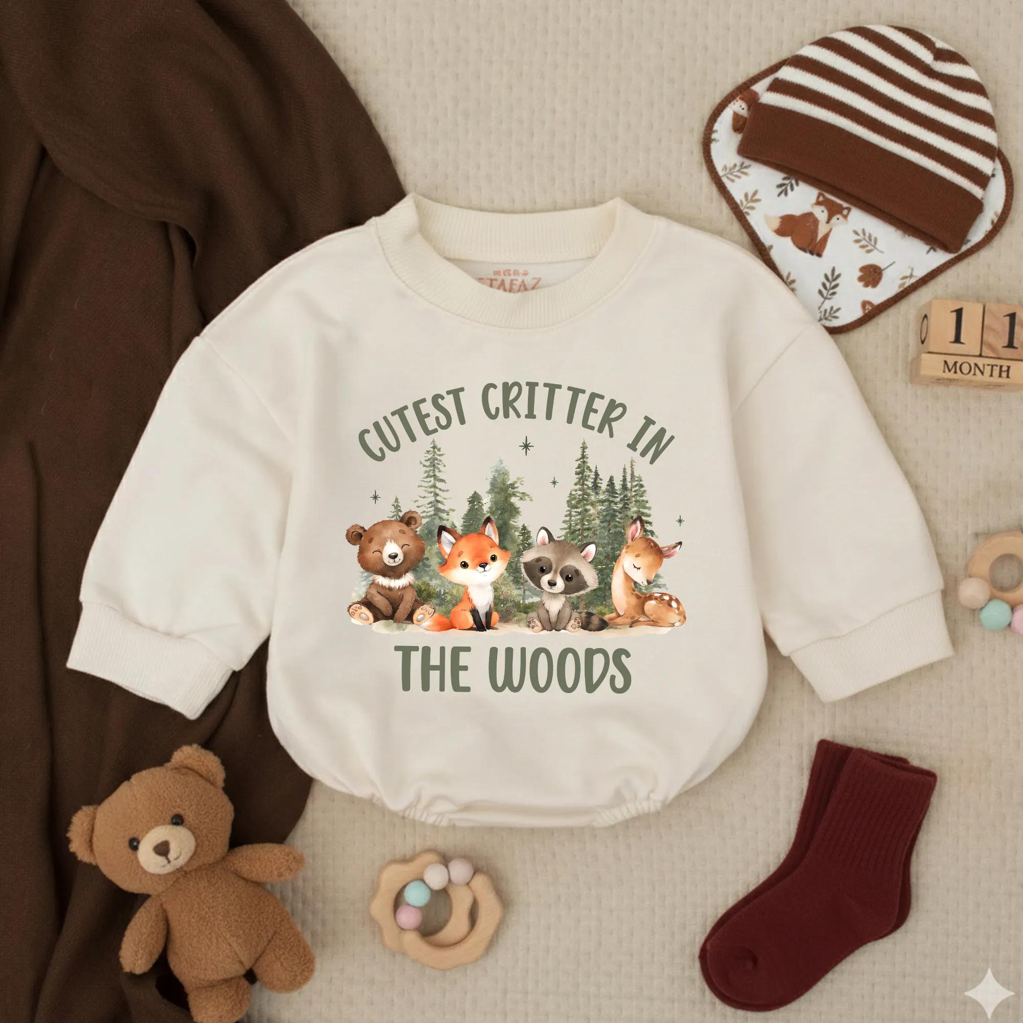 Cutest Critter in the Woods Baby Bubble Romper with Forest Animal Artwork, Soft Cotton Outfit for Milestone Photos and Baby Shower Gift