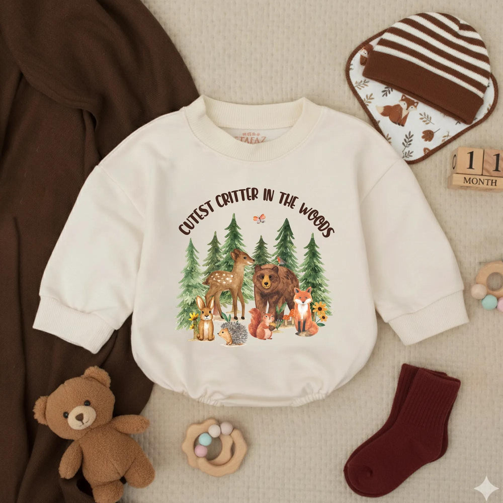Cutest Critter in the Woods Baby Romper with Woodland Animals Design, Newborn Infant Outfit, Soft Cotton Baby Shower Gift, Forest Theme