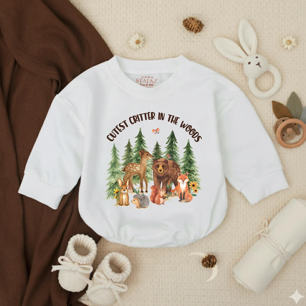 Cutest Critter in the Woods Baby Romper with Woodland Animals Design, Newborn Infant Outfit, Soft Cotton Baby Shower Gift, Forest Theme