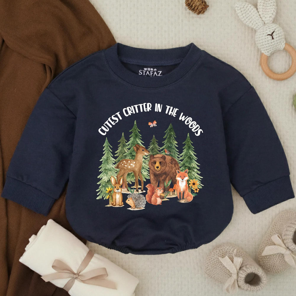 Cutest Critter in the Woods Baby Romper with Woodland Animals Design, Newborn Infant Outfit, Soft Cotton Baby Shower Gift, Forest Theme