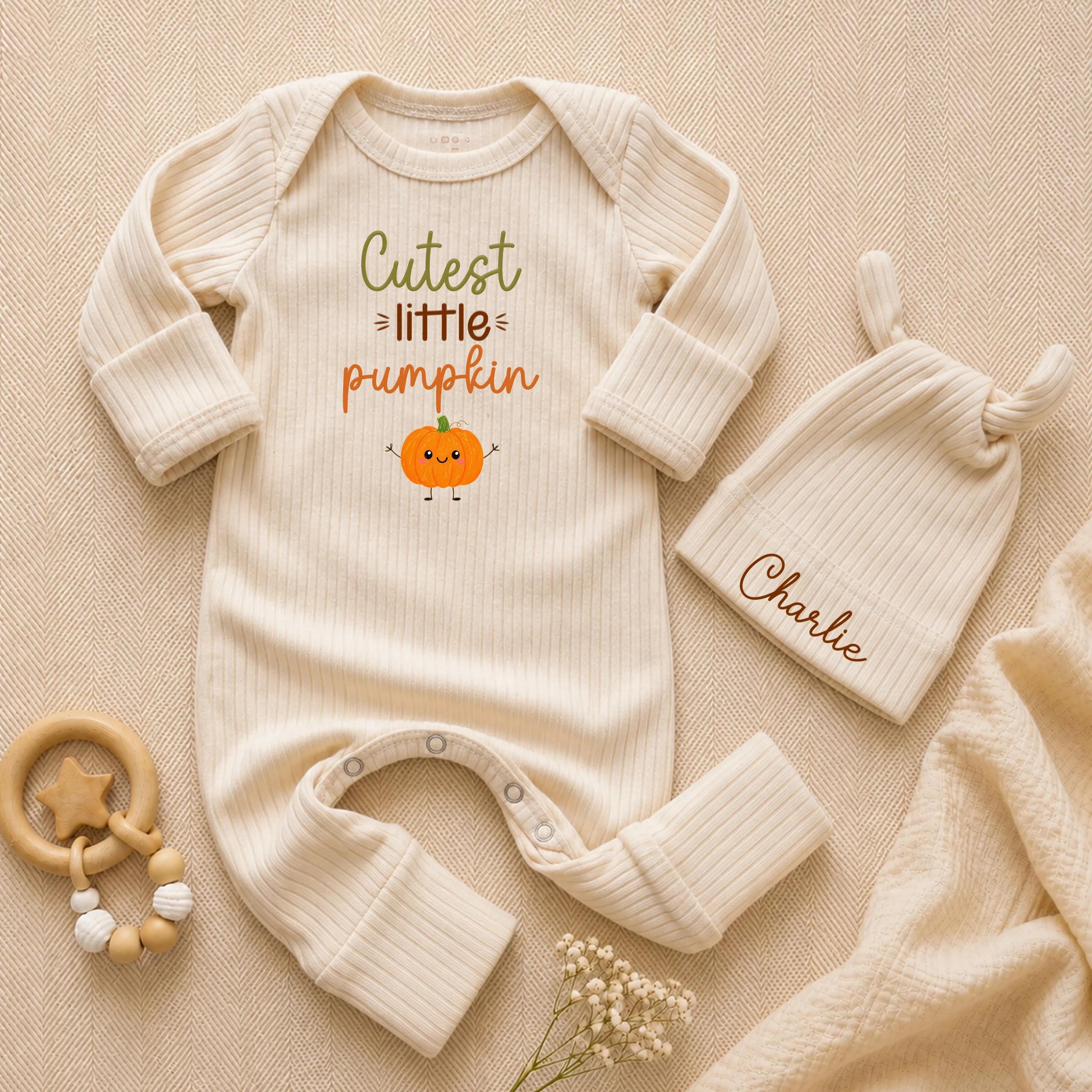 Cutest Little Pumpkin Baby Bodysuit and Hat Set with Custom Name, Fall Newborn Outfit, Thanksgiving Baby Shower Gift