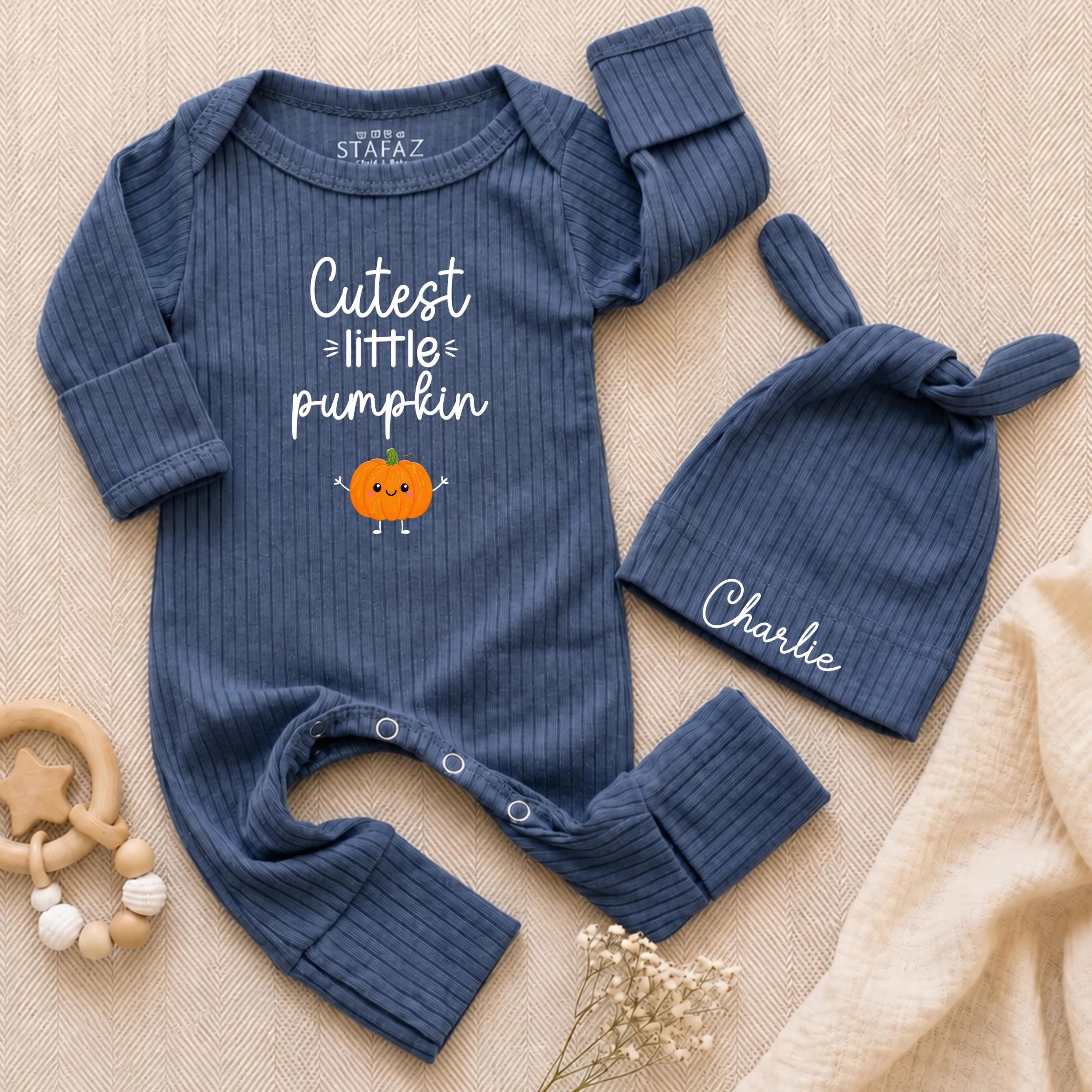 Cutest Little Pumpkin Baby Bodysuit and Hat Set with Custom Name, Fall Newborn Outfit, Thanksgiving Baby Shower Gift