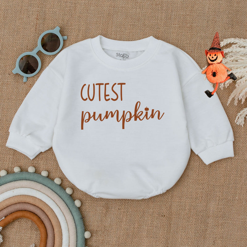 Cutest Pumpkin Bubble Romper for Baby Thanksgiving Outfit Autumn Bodysuit Soft Cotton Fall Clothes Playful Cursive Earthy Design