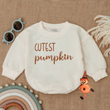 Cutest Pumpkin Bubble Romper for Baby Thanksgiving Outfit Autumn Bodysuit Soft Cotton Fall Clothes Playful Cursive Earthy Design