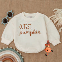 Cutest Pumpkin Bubble Romper for Baby Thanksgiving Outfit Autumn Bodysuit Soft Cotton Fall Clothes Playful Cursive Earthy Design