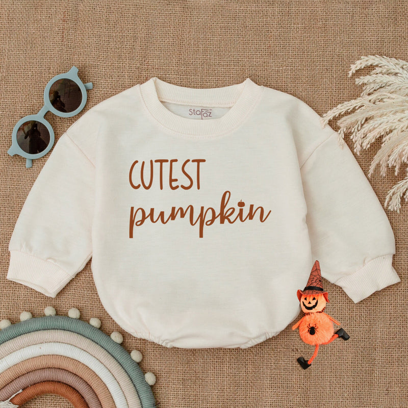 Cutest Pumpkin Bubble Romper for Baby Thanksgiving Outfit Autumn Bodysuit Soft Cotton Fall Clothes Playful Cursive Earthy Design