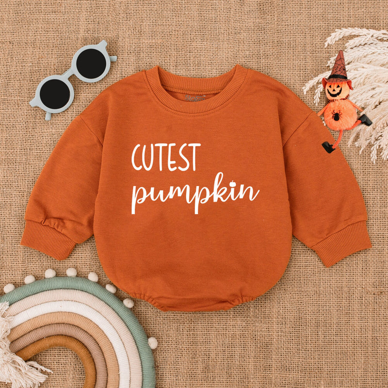 Cutest Pumpkin Bubble Romper for Baby Thanksgiving Outfit Autumn Bodysuit Soft Cotton Fall Clothes Playful Cursive Earthy Design