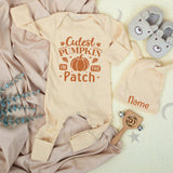 Cutest Pumpkin In The Patch Baby Bodysuit and Hat Newborn Set Custom Name First Thanksgiving Outfit Baby Shower Gift Long Sleeve Cotton