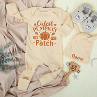 Cutest Pumpkin In The Patch Baby Bodysuit and Hat Newborn Set Custom Name First Thanksgiving Outfit Baby Shower Gift Long Sleeve Cotton
