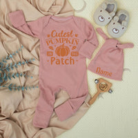 Cutest Pumpkin In The Patch Baby Bodysuit and Hat Newborn Set Custom Name First Thanksgiving Outfit Baby Shower Gift Long Sleeve Cotton