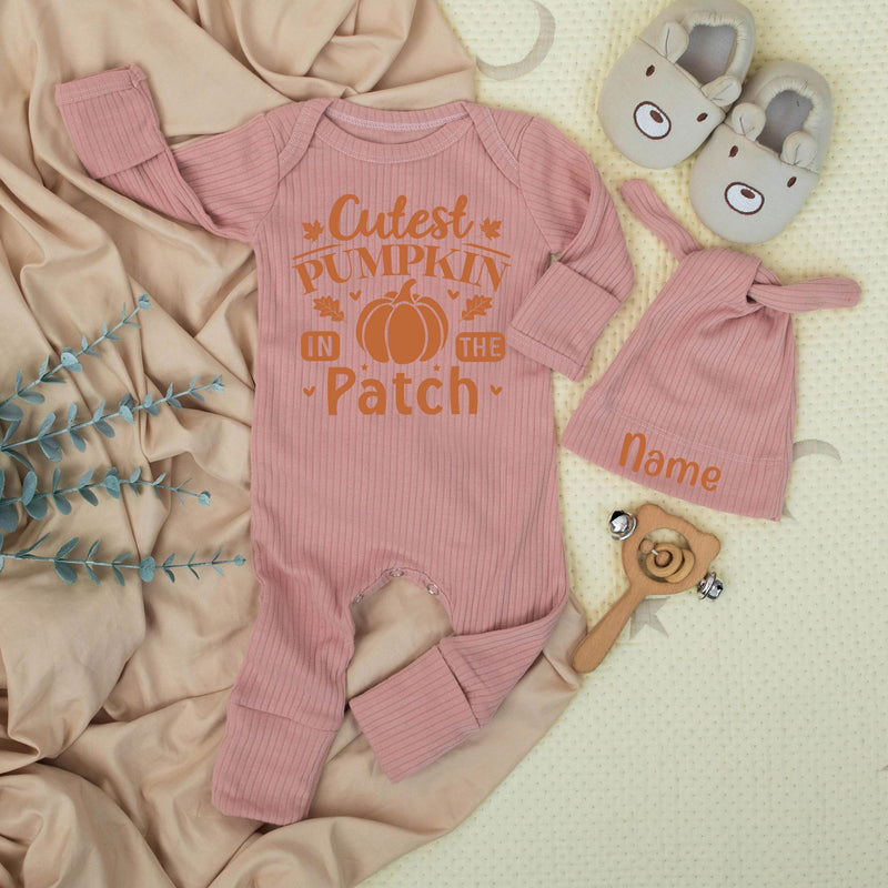 Cutest Pumpkin In The Patch Baby Bodysuit and Hat Newborn Set Custom Name First Thanksgiving Outfit Baby Shower Gift Long Sleeve Cotton