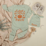 Cutest Pumpkin In The Patch Baby Bodysuit and Hat Newborn Set Custom Name First Thanksgiving Outfit Baby Shower Gift Long Sleeve Cotton