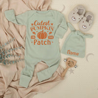 Cutest Pumpkin In The Patch Baby Bodysuit and Hat Newborn Set Custom Name First Thanksgiving Outfit Baby Shower Gift Long Sleeve Cotton