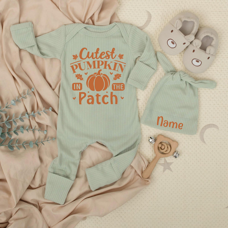 Cutest Pumpkin In The Patch Baby Bodysuit and Hat Newborn Set Custom Name First Thanksgiving Outfit Baby Shower Gift Long Sleeve Cotton