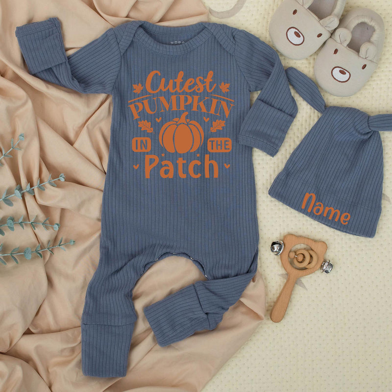 Cutest Pumpkin In The Patch Baby Bodysuit and Hat Newborn Set Custom Name First Thanksgiving Outfit Baby Shower Gift Long Sleeve Cotton