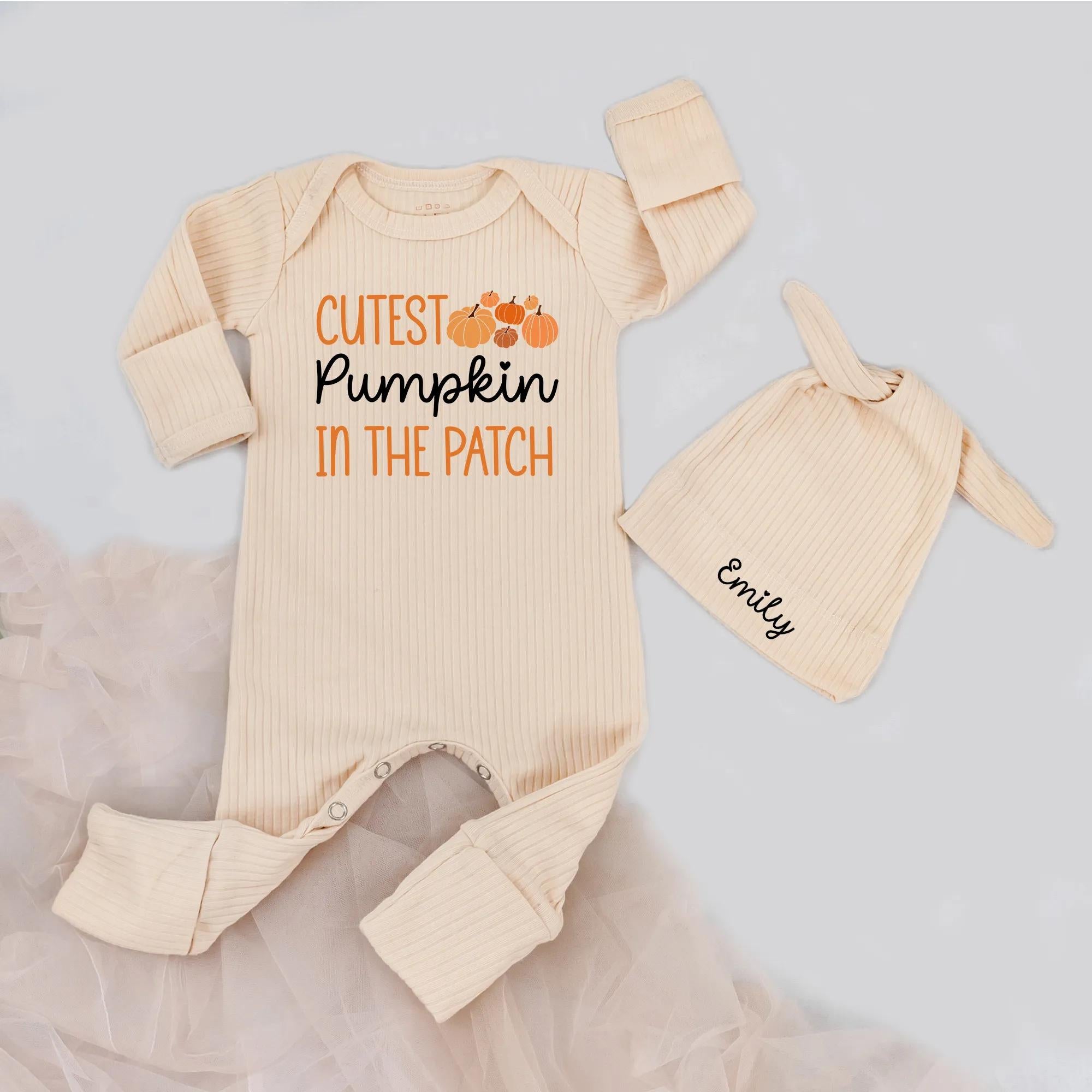 Cutest Pumpkin in the Patch Baby Bodysuit and Hat Set with Custom Name, Fall Newborn Coming Home Outfit for Halloween