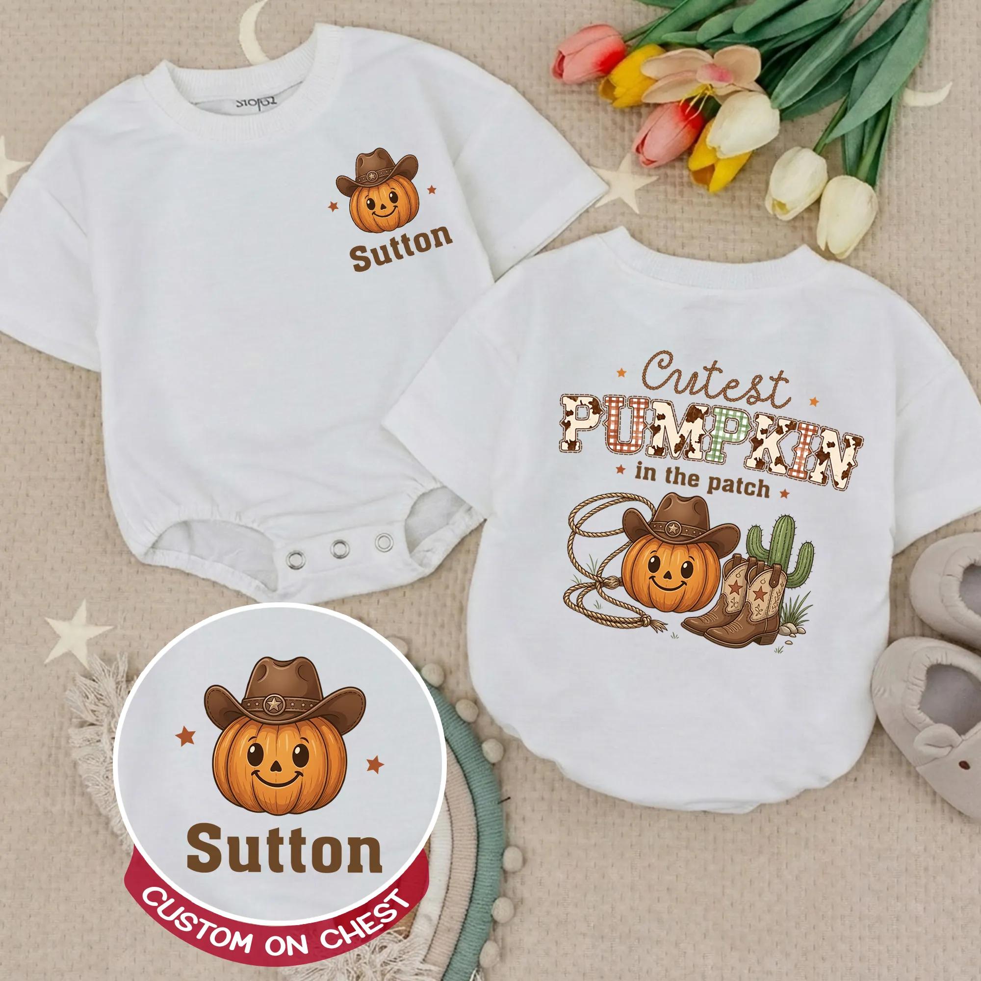 Cutest Pumpkin in the Patch Baby Bubble Romper with Cowboy Hat Graphic and Custom Name, Halloween Infant Outfit for Fall Photos