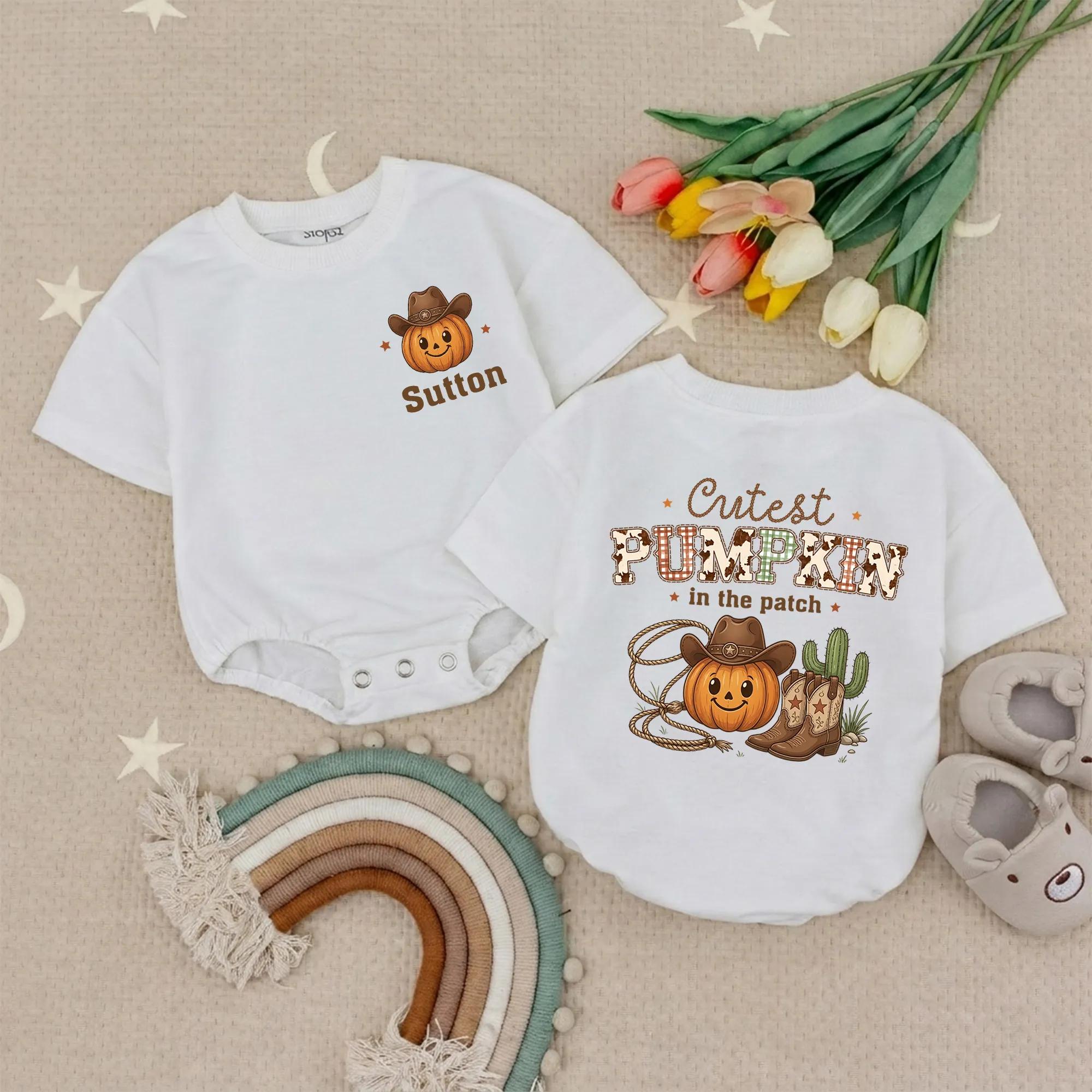 Cutest Pumpkin in the Patch Baby Bubble Romper with Cowboy Hat Graphic and Custom Name, Halloween Infant Outfit for Fall Photos