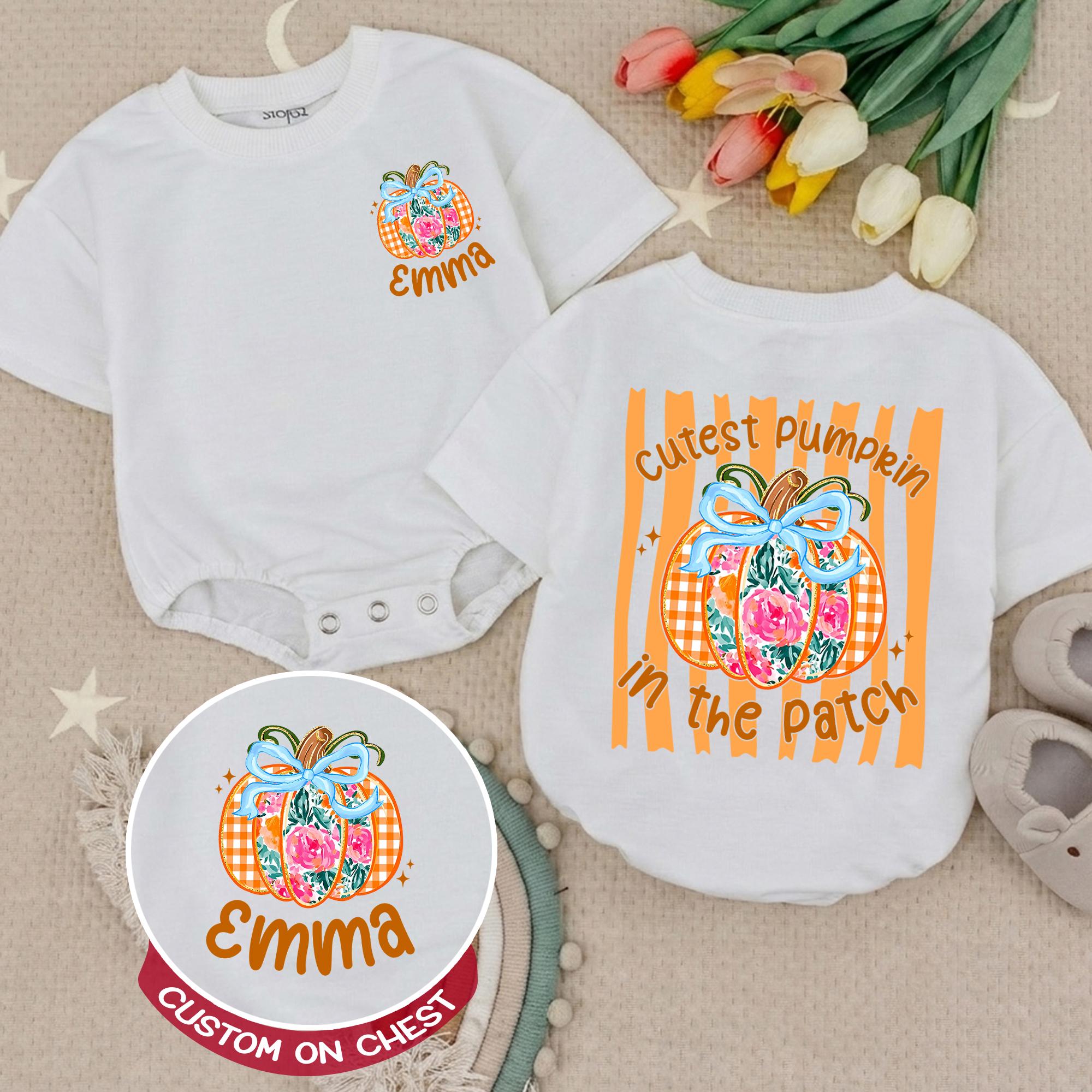 Cutest Pumpkin in the Patch Baby Girl Romper with Custom Name, Coquette Fall Outfit for Photos and Pumpkin Patch Trips