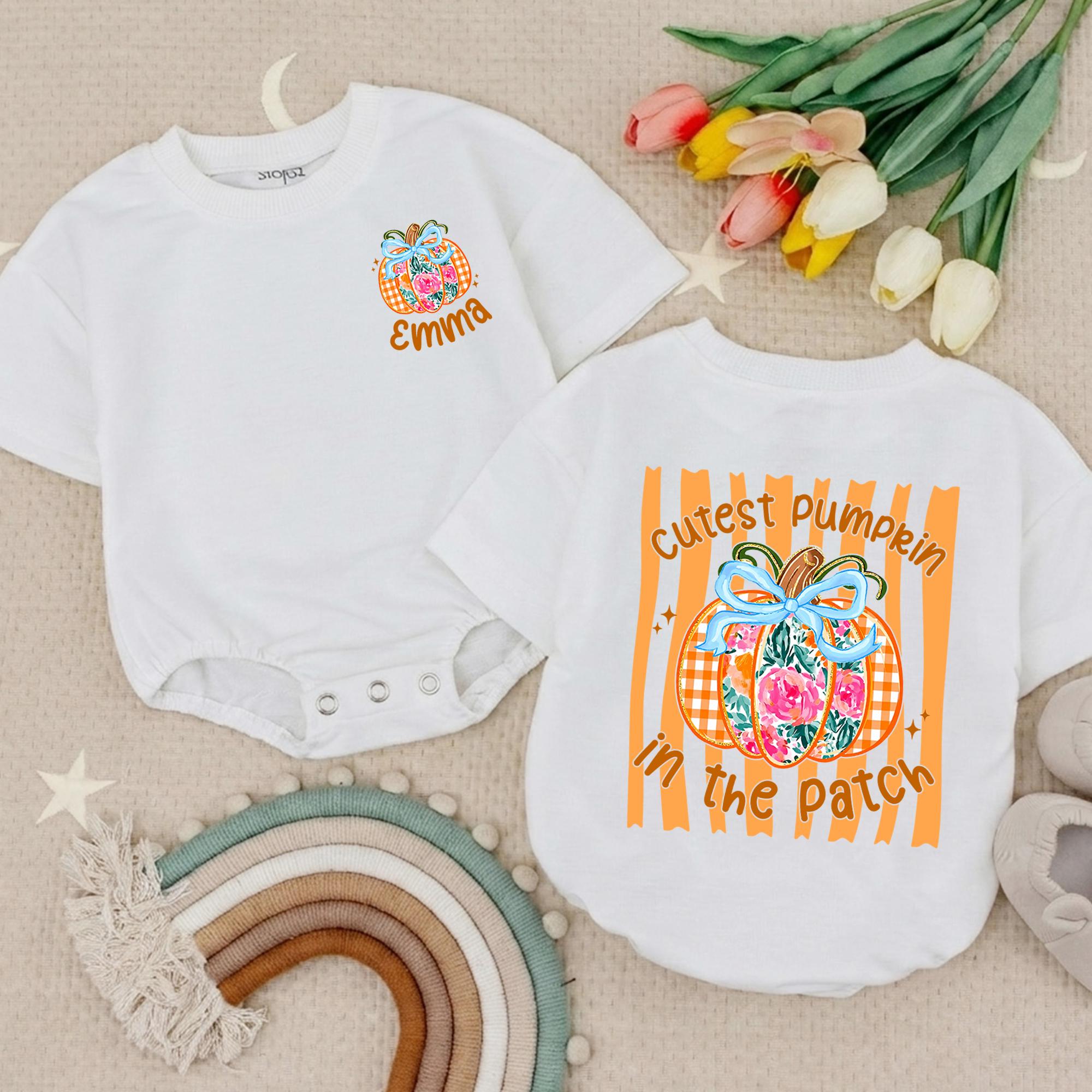 Cutest Pumpkin in the Patch Baby Girl Romper with Custom Name, Coquette Fall Outfit for Photos and Pumpkin Patch Trips
