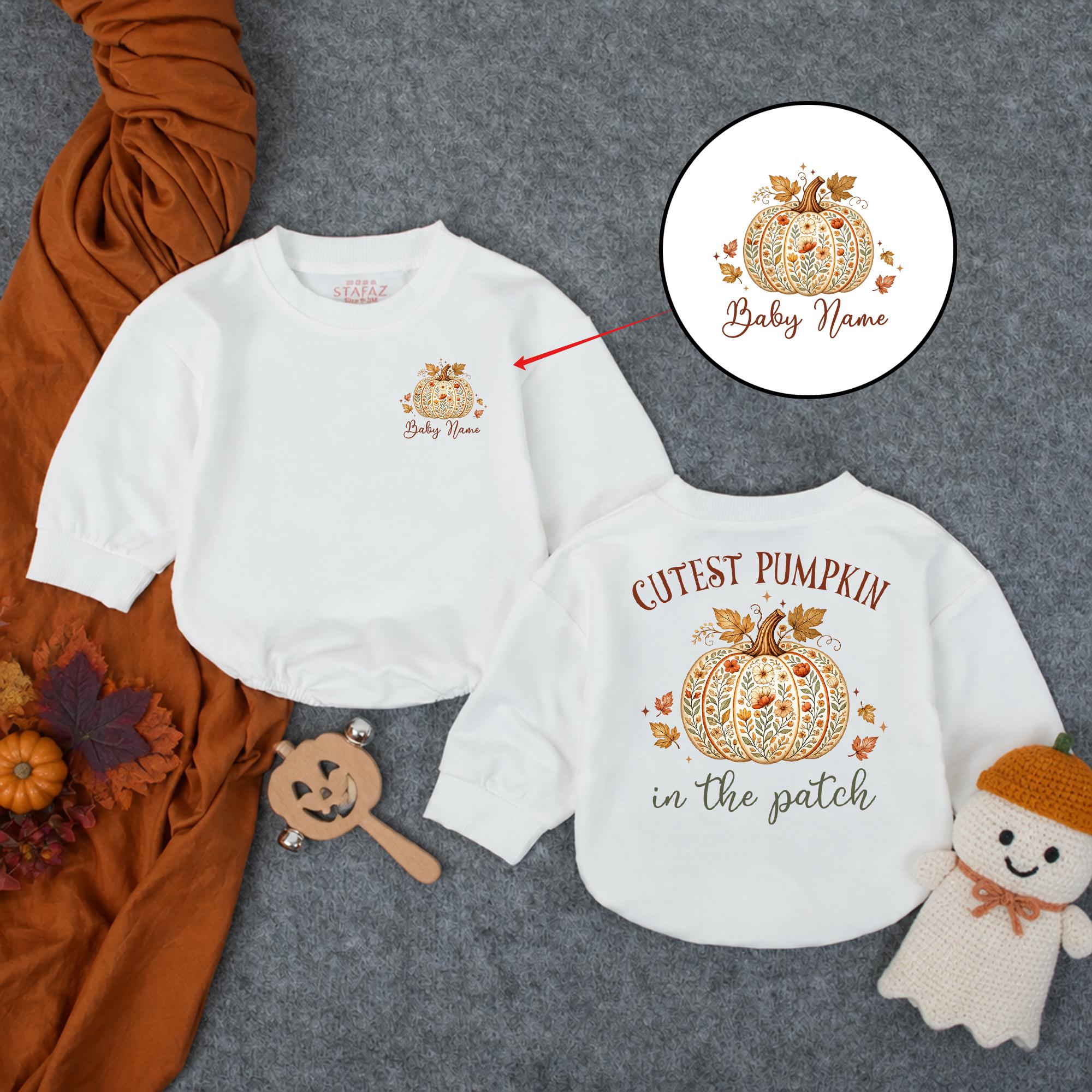 Cutest Pumpkin in the Patch Baby Romper with Boho Floral Design and Custom Name, Fall Outfit for Pumpkin Patch Photos
