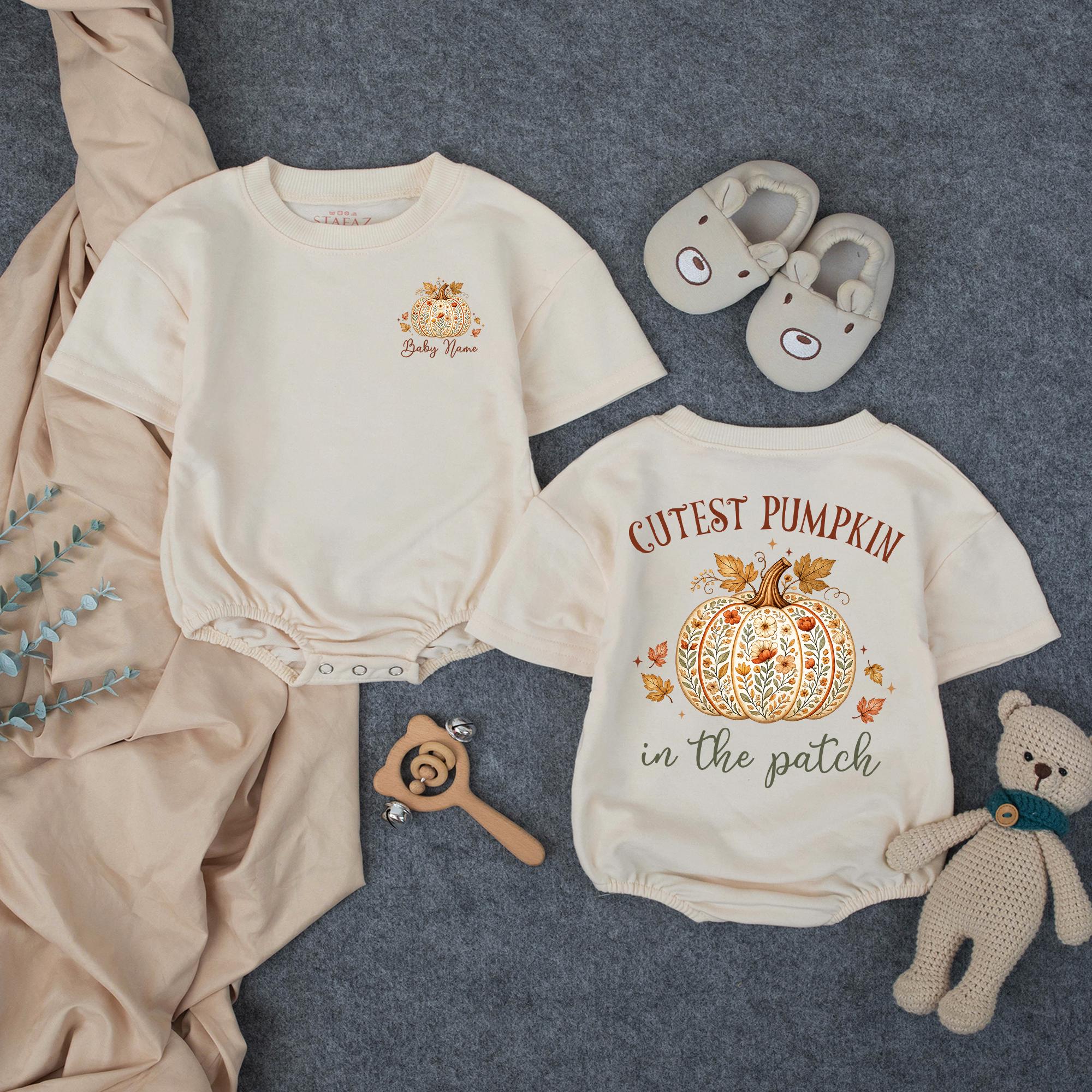 Cutest Pumpkin in the Patch Baby Romper with Boho Floral Design and Custom Name, Fall Outfit for Pumpkin Patch Photos