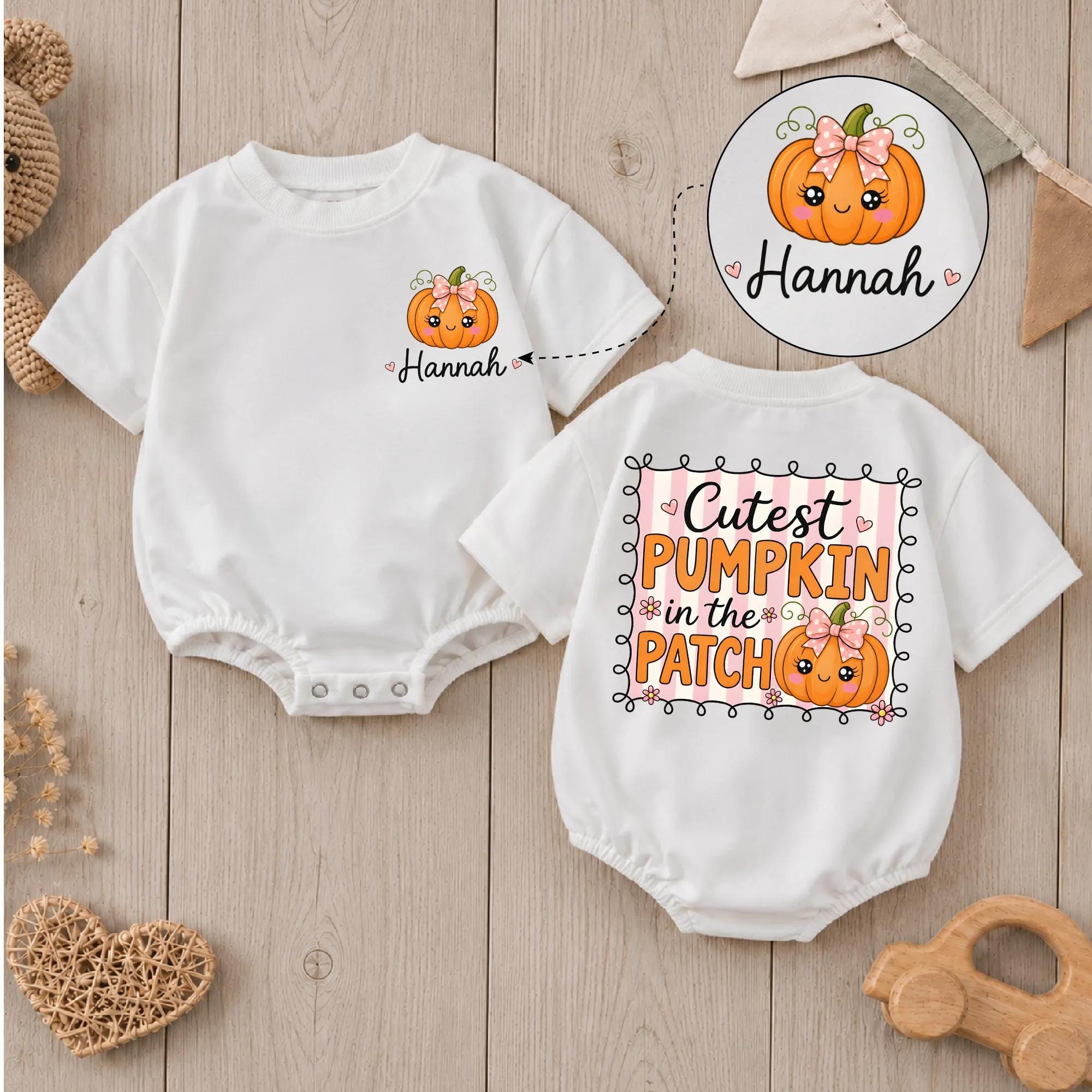 Cutest Pumpkin in the Patch Baby Romper with Custom Name, Adorable Fall Outfit for Baby Girl, Pumpkin Patch or Halloween Wear