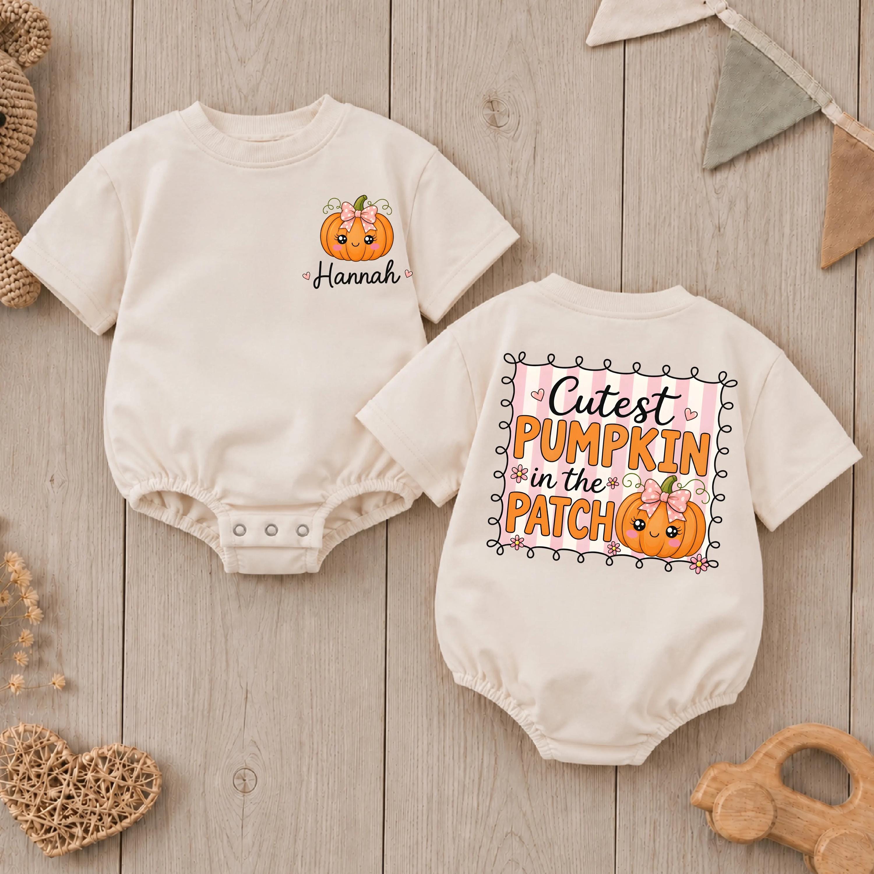 Cutest Pumpkin in the Patch Baby Romper with Custom Name, Adorable Fall Outfit for Baby Girl, Pumpkin Patch or Halloween Wear